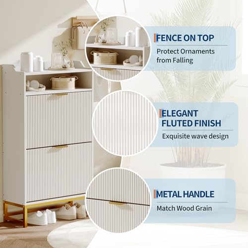 GarveeHome Fluted Shoe Cabinet Storage for Entryway, Wood Shoe Rack with 2 Flip Drawers and Open Shelf, Modern Entryway Organizer for Foyer, Hallway, Entrance, White