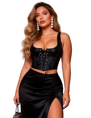 ohyeahlady Corset Top with Adjustable Straps Faux Leather Boned Bustier Corsets Lace Up Crop Top Party Clubwear with G-String Plus Size UK 18 Black