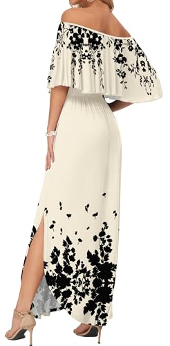 Image of AUSELILY Womens Off Shoulder Ruffle Split Summer Maxi Dresses with Pockets | Off-shoulder Ruffle dress with empire waist & side split for summer beach and casual parties