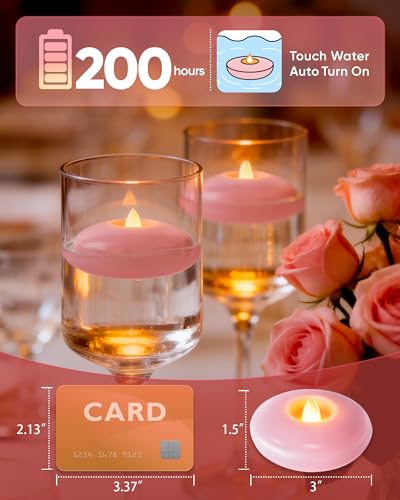 Image of Homemory 12 Pack 3 inch Flameless Led Floating Candles, 200 Hour Pink Battery Operate Waterproof Tealights for Cylinder Vases, Centerpieces at Wedding Decor, Party, Pool