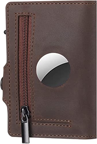 TNE Airtag Wallet (Airtag not Included) Genuine Leather Credit Card Money Holder Automatic Popup Mini Aluminum Wallet with Zipper Coin Pocket | Airtag Case Men or Women Air Tag Cover (Brown)