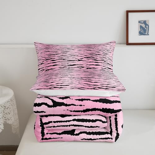 Image of Feelyou Kids Queen Pink Zebra Comforter Queen Size, Zebra Stripes Comforter Set for Boys Girls Pink Black Bedding Set Zoo Animal Fur Print Duvet Set Microfiber Bed Set