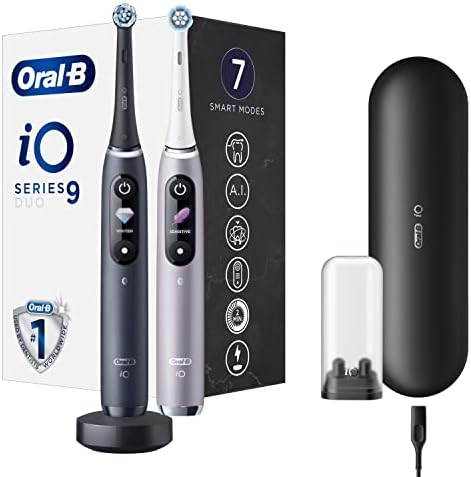 Oral-B iO Series 9 Duo Szczoteczka Elektryczna, Zestaw 2 Sztuk, z Rewolucyjną Technologią Magnetyczną iO i Mikrowibracjami, 7 Trybów, Prezent dla Kobiety/Mężczyzny, Czarna & Kwarc Różowy