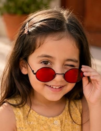 Image of BookMyCostume Kids Round Red Sunglasses - Circular Sunshades for Boys and Girls - Fashion Summer Outdoor Eyewear Accessory for Birthday, Photo Shoots, and Fancy Dress | Aged 2 to 8 Years