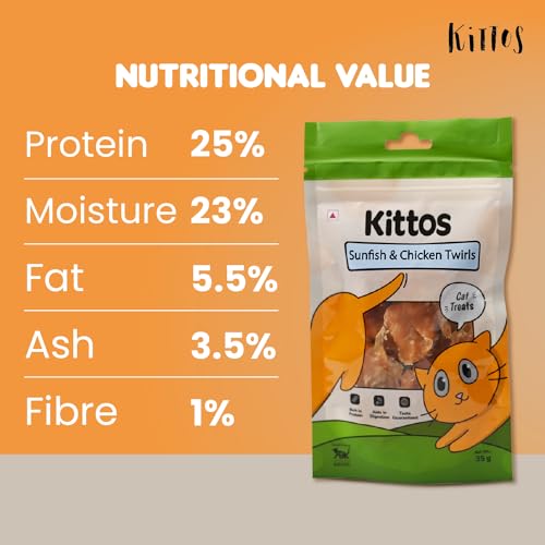 Kittos Sunfish & Chicken Twirls Cat Treats | High Protein Low Fat Healthy Snack | Easily Digestible Natural Dry Treat for Cats of All Life Stages | 35g Each (Pack of 2)