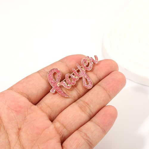 Image of Breast Cancer Awareness Pink Rhinestone Ribbon Pin - Faith Believe Women's Brooch, Survivor Lapel Pin for Cancer Month - Merchandise Accessories Decor