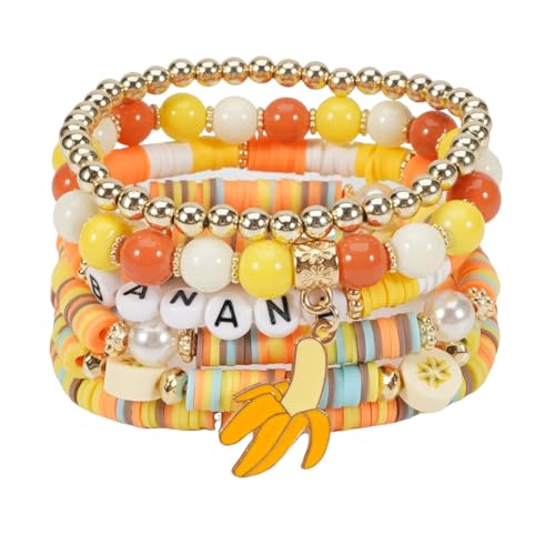Heishi Surfer Friendship Bracelets Set Bohemian Cute Tropical Fruit Banana Avocado Cherry Strawberry Pineapple Mango Polymer Clay Gold Beads Stackable Stretch Bracelets for Women Preppy Jewelry