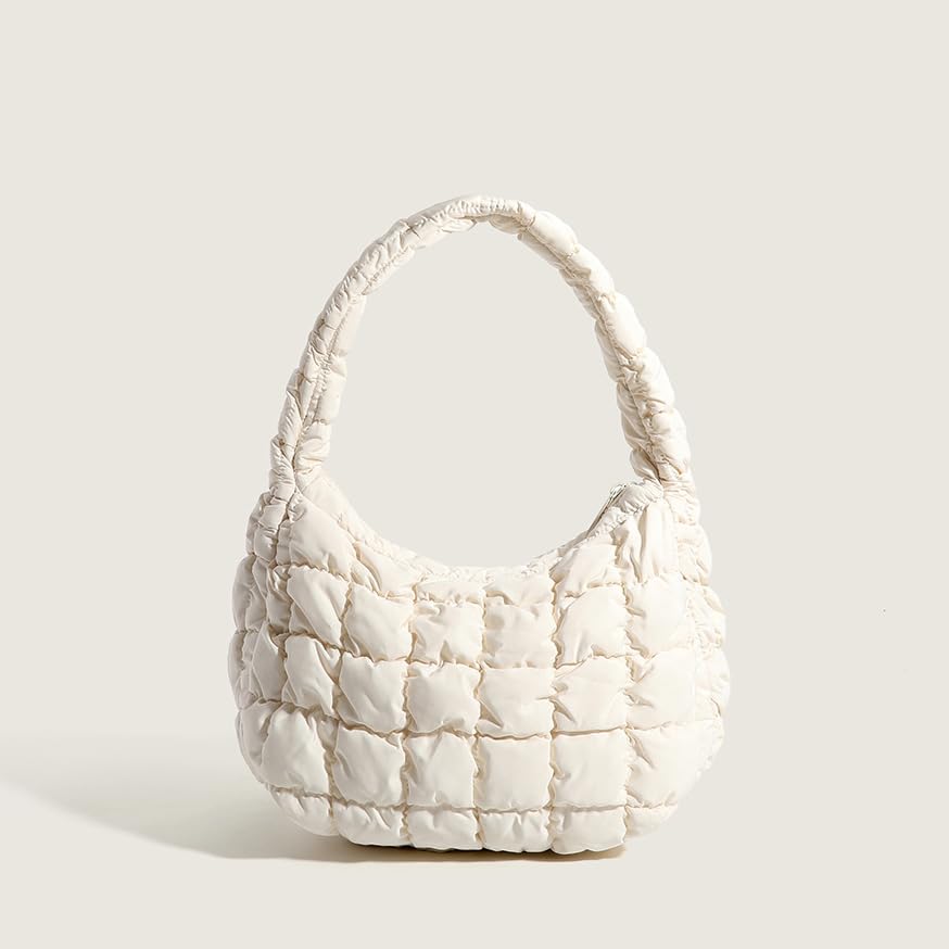 Image of Puffer Underarm Handbag For Women, Small Cute Designer Hobo Bag, Quilted Padding Bags, Soft Nylon Puffy Purse