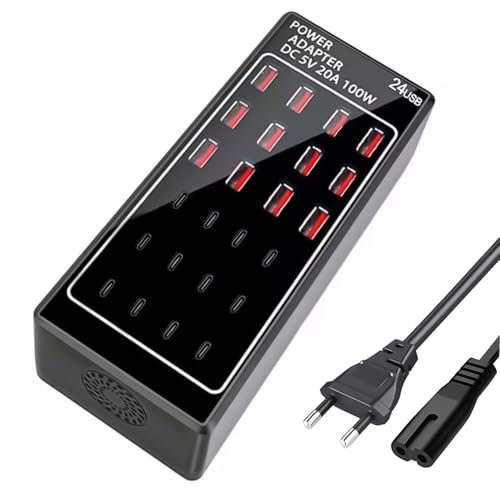 USB Charger Multiple, Cargador USB C, Fuente de alimentación USB C de 24 Puertos 100 W (20 A), estación de Carga USB, Cargador rápido para Varios Dispositivos For iPhone/Samsung/Xiaomi