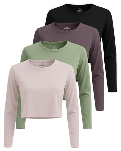 Real Essentials 4 Pack: Women's Cotton Long Sleeve Crew Crop Top - Casual Cropped T-Shirt (Available in Plus Size) - Set 7, M