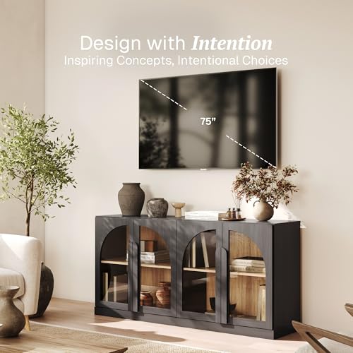 Image of BELLEZE Bijou 64 inch Arched Glass Door Sideboard, Accent Buffet Cabinet with Storage and Adjustable Shelves, Classic Modern Large Console Table for Dining Room Living Room Entryway - Ebony