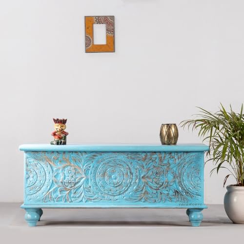 Image of Natura Solid Wood Coffee Table for Living Room Wooden Trunk Box for Storage | Handcrafted Center Table for Living Room with Sandook Storage | Pitara for Home and Bedroom (Blue Distress)