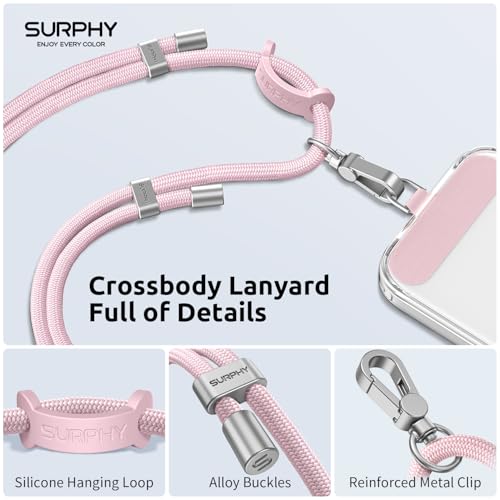 Image of SURPHY Phone Lanyard Crossbody, Phone Strap Crossbody with 2 Tether Tabs | Adjustable Cell Phone Lanyard, Anti Theft Phone Strap, Premium Metal Buckles, Universal Lanyard for Travel, Pink