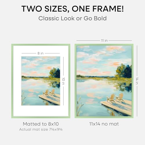 Image of Homeforia 11x14 Green Picture Frame, High-End Metal, 8x10 Mat, Glass | High End Aluminum, Tempered Glass, Acid-Free 8x10 Removable Mat, 11x14 in Edge-to-Edge Display 14x11, Wall Kit, Set Of 2