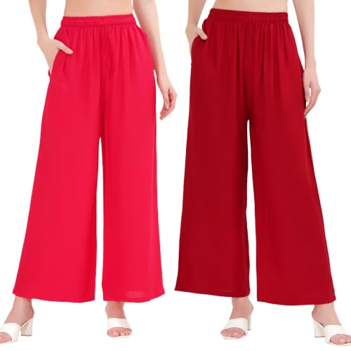 Image of Buy That Trendz Palazzo Pants for Women Cotton Rayon Elasticated Regular Fit Flared Wide Leg M to 6XL Pack of 2