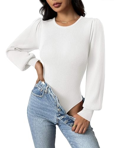 Image of Zeagoo Womens Sweaters Long Sleeve Bodysuits 2026 Fall Crewneck Puff Knit Pullover Tops