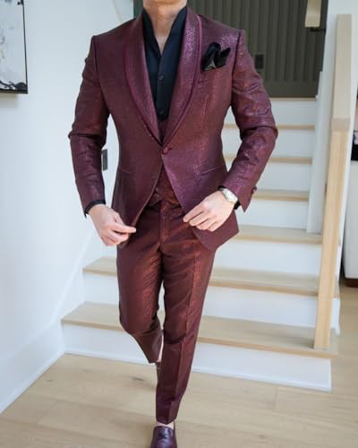 Men's 3 Pieces Sparkly Suit Elegant Solid One Button Slim Fit Single Breasted Homecoming Party Blazer Vest Pants Set4