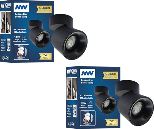Image of NW 7W Glider SF Moveable Black with Black Aluminium 360 Degree Adjustable Cylindrical Shape LED Surface Light | COB Light | Wall Light | Spot Light | Light Color- Natural White (Pack of 2)
