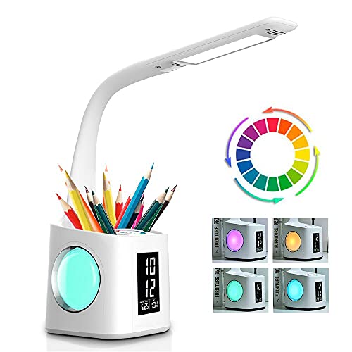 Lampe de bureau LED Eye-Caring Lampe de Table D'étude Port de charge USB Lumière de L'atmosphère Nocturne avec Porte Stylo/Écran Heure/Calendrier 3 Niveaux Dimmable Lampe de Lecture pour Enfants 10W