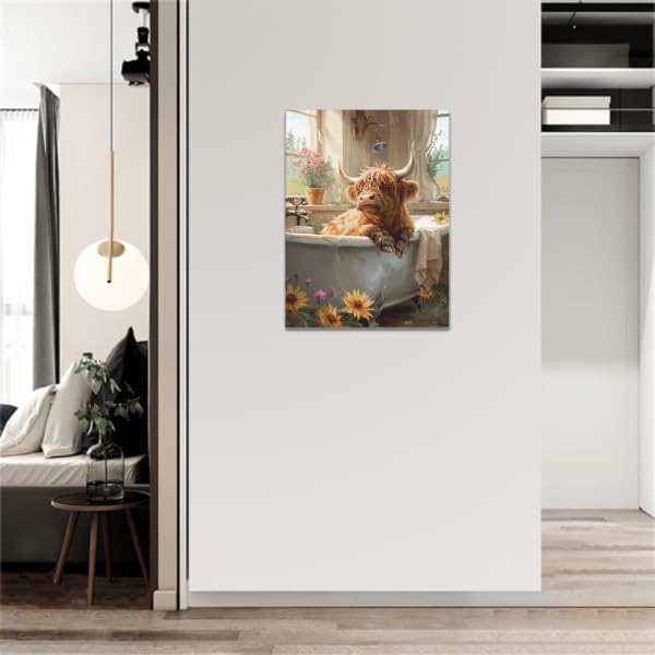 Blue-Toned Highland Cow Bathroom Decorative Painting – Unique Farmhouse Artwork, Multi-Panel Canvas For Wall Decor - View #6