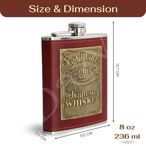 Image of Stainless Steel Hip Flask for Men & Women 8oz (236ml) - Whisky Flask Vodka Alcoholic Liquor Holder with Funnel Drinks Pocket Carrying Case - Leakproof Travel Flasks for Drinks, (Brown No.2)