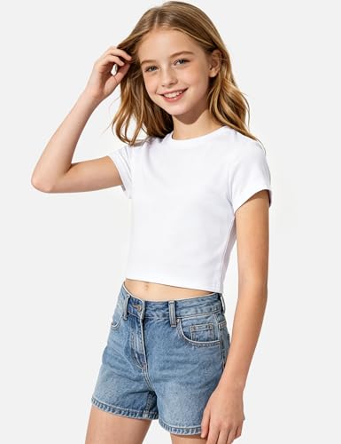 Image of Auranso Girls Crop Tops Kids Short Sleeve T-Shirts Basic Summer Tee Top