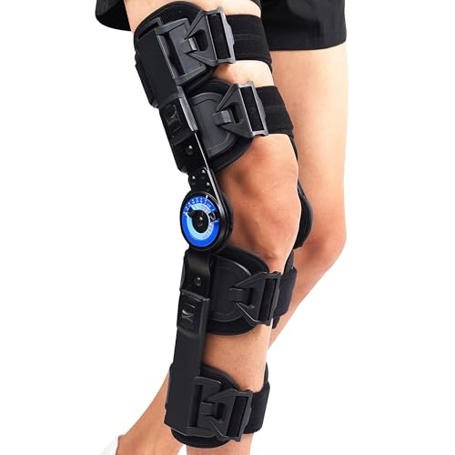 Orthomen Post Op Knee Brace, Hinged ROM Knee Brace for Recovery Stabilization, ACL, MCL and PCL Injury, Adjustable Medical Orthopedic Support Stabilize for Men and Women Black/Blue Universal
