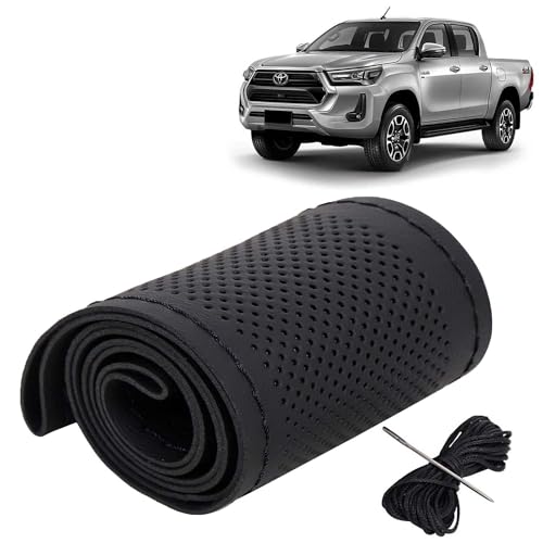 Image of KINGSWAY PU Leatherite Car Steering Cover Sewable Compatible with Toyota Hilux (Year 2022 Onwards), Black Color with Black Thread, Pack of 1 with Sewing Needle and Thread