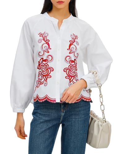 Women's Floral Embroidered Tops Boho Long Sleeve V Neck Button Up Shirt Fall Casual Blouses