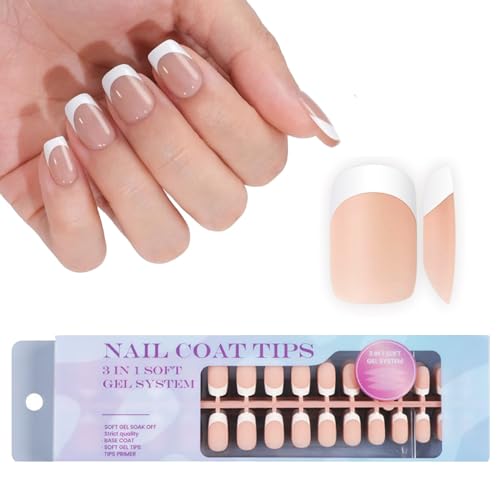 DMQ French Tip False Nails, 300Pcs French Press On Nails Short, Nude Square X-coat Fake Nails