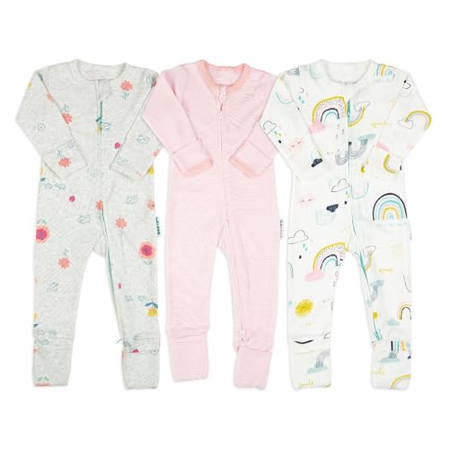 100 % algodón, pijama para bebé con cremallera bidireccional, mameluco unisex de género neutro para niños y niñas, doble cremallera, sin pies con puños plegables en manos y pies, Paquete de tres