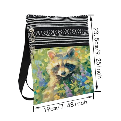Floral Raccoon Messenger Bag Small Ethnic Pattern Printed Adjustable Strap Crossbody Zipper Bag Floral Raccoon Phone Bag Wallet Cute Shoulder Handbag for Women Friends -12