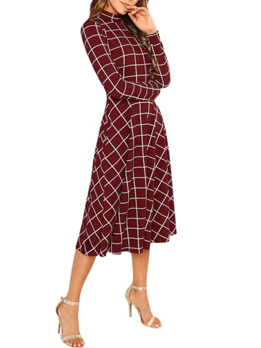Image of Floerns Women's High Neck Plaid Fit and Flare Midi Dress