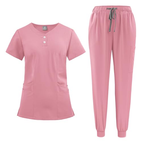 VIAOLI Women's Scrubs Set-Stretchy V-Neck Top and Drawstring Jogger Scrub Pant,Nursing Uniforms and 10 Colors (Pink,M)