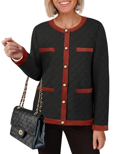 Bebonnie Women's Diamond Quilted Jacket Crew Neck Lightweight Long Sleeve Button Down Winter Coats with Pockets2
