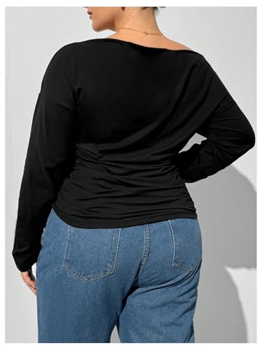 Women's Plus Size Off Shoulder Ruched Tops Long Sleeve Slim Fit Tee Shirts Elegant Basic Top2