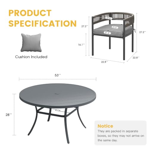Image of VICLLAX Patio Dining Set for 6-53 inch Round Table & Cushioned Seats, Grey
