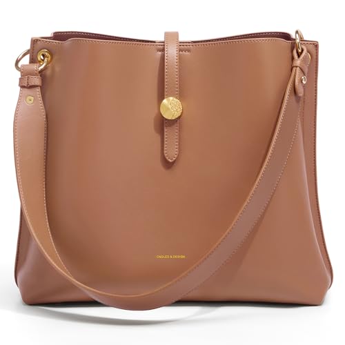 Cnoles Sac à bandoulière pour femme en cuir de veau noble - Grand sac à main avec bandoulière croisée dans un design tendance de sac seau, marron, L