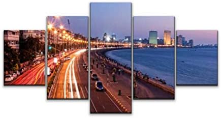 Skipvelo Panoramic View of Marine Drive at Dusk, Mumbai, India Mumbai Stock Wall Art Canvas Prints Pictures Paintings Artwork Home Decor Stretched and Framed - 5 Pieces