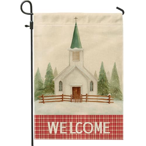 Bandera de jardín de iglesia, valla de árboles rústicos de invierno, verde de doble cara, banderas decorativas de arpillera para patio al aire libre, césped, porche delantero, balcón, 12 x 18 pulgadas