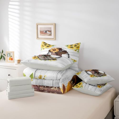 Image of Western Comforter Set 7-Piece Bed in a Bag Twin Sunflower Bedding Sets Cowboy Boots for Men,Bohemian Flowers Comforter and Sheet Set,Cowboys Gifts for Women,Cowboy Hats Bed Sets,Rustic Farmhouse Decor
