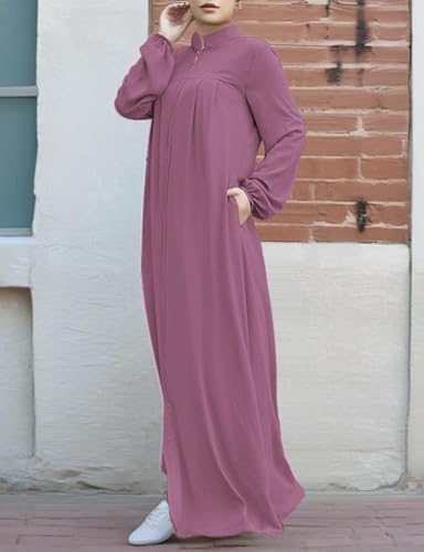 Image of Womens Abaya Muslim Long Sleeve Front Zipper Dress Prayer Islamic Clothes with Pockets