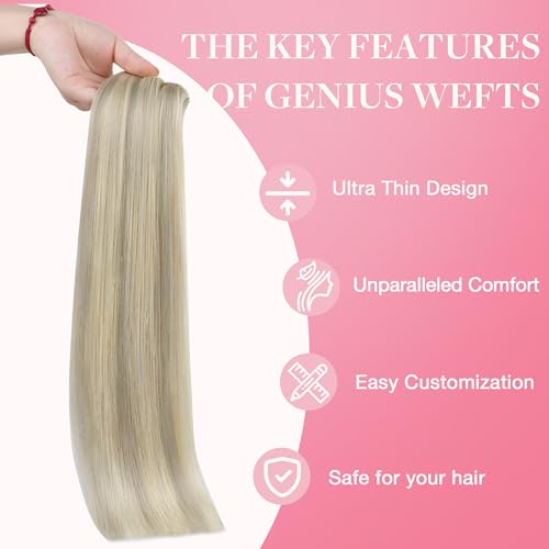 Image of GOO GOO Genius Weft Hair Extensions Human Hair, Sew In Weft Extensions, Seamless Blend & No Bulk Flat, Natural Volume for Women, 17A /60A Ash Blonde Highlighted Platinum Blonde 14 Inch 100g