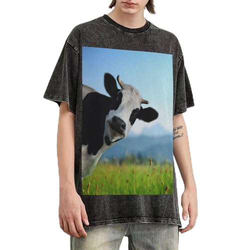 T-shirt surdimensionné homme en coton délavé vintage avec imprimé vache