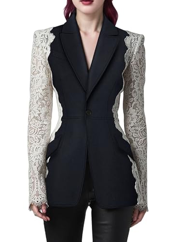 Women's Blazer Fashion Notched Lace Patchwork Female Spring 2025 Long Sleeve Suit Jackets - Main Image