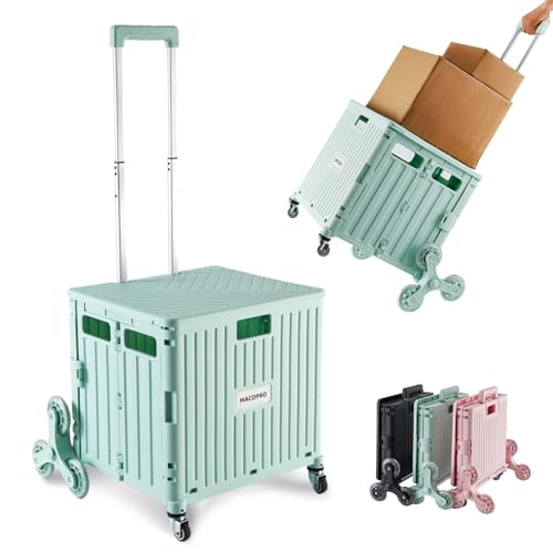 MACOPRO Foldable Utility Cart with Stair Climbing Wheels, Collapsible Rolling Crate with Telescoping Handle, Shopping Trolle Handcart Grocery Book File Tool Art Supplies Teacher Storage Basket(Green)