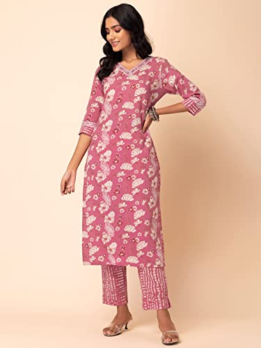 Image of Indya Women Pink Floral Jaal Print Cotton Kurta And Printed Pants (Set of 2)