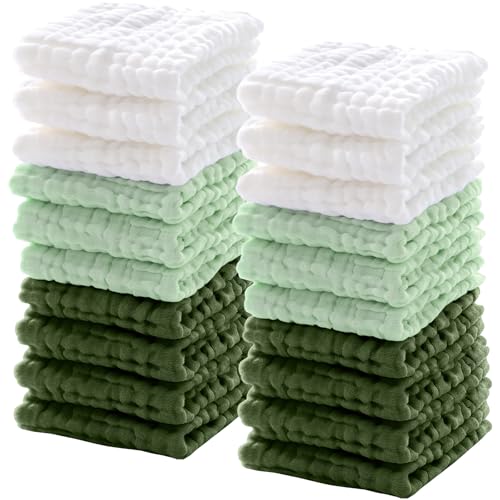 Image of Breling 20 Pcs Baby Muslin Washcloth 12 x 12 Inch 100% Cotton Soft and Absorbent Muslin Washcloth Burp Cloth Wipe Newborn Face Towel for Baby Boy Girl Sensitive Skin(White, Light Green, Green)
