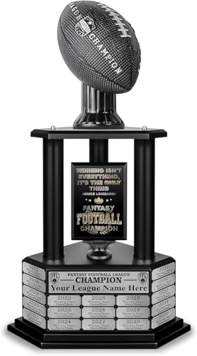 TrophySmack Fantasy Football Trophy - 19-Year Perpetual – 26” Customizable Championship Award with Free Engravings (Black Football | Black Metal Columns)