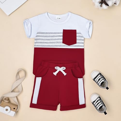 Image of FOCUTEBB Toddler Boy Clothes Summer Patchwork T-Shirt Shorts 2Pc Set 12M-5T